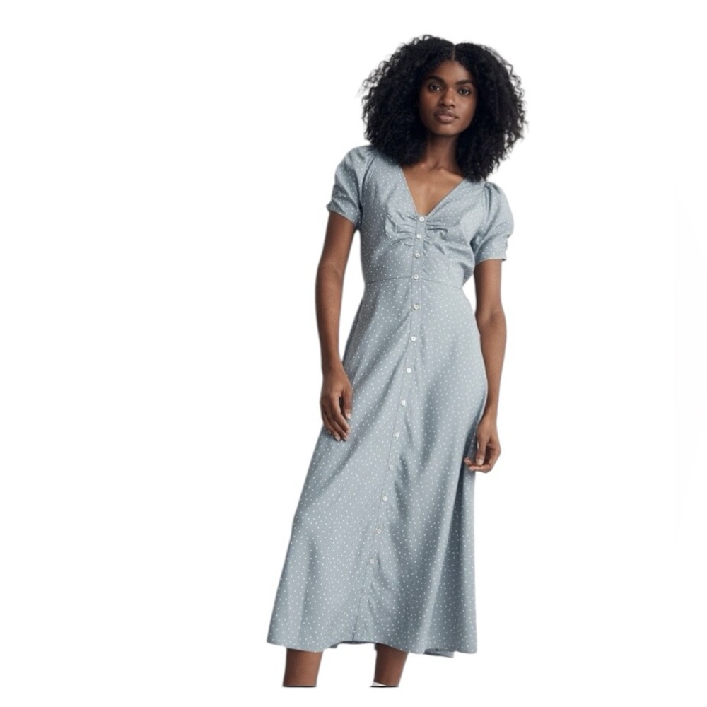 Madewell Leedra button front midi dress. Blue with polka dots. NWT size 14.